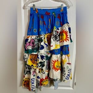 Tiered Multicolor Sun & Floral Print Maxi Skirt